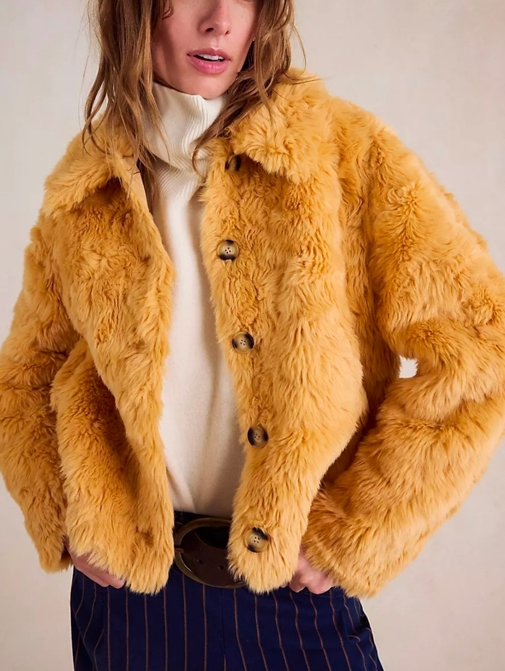 Free People Faux Fur Jacket In Apricot Yellow - Picture 2 of 6